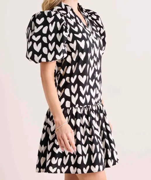 Heart Print Mini Dress - Black