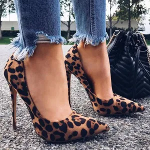 High Heels Leopard Shoes Women Pumps Office Lady Pointed Toe Flock Sexy 12 Cm Wedding Sapato Feminino