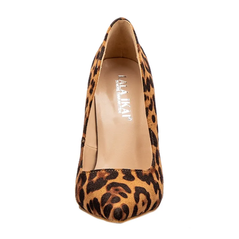 High Heels Leopard Shoes Women Pumps Office Lady Pointed Toe Flock Sexy 12 Cm Wedding Sapato Feminino