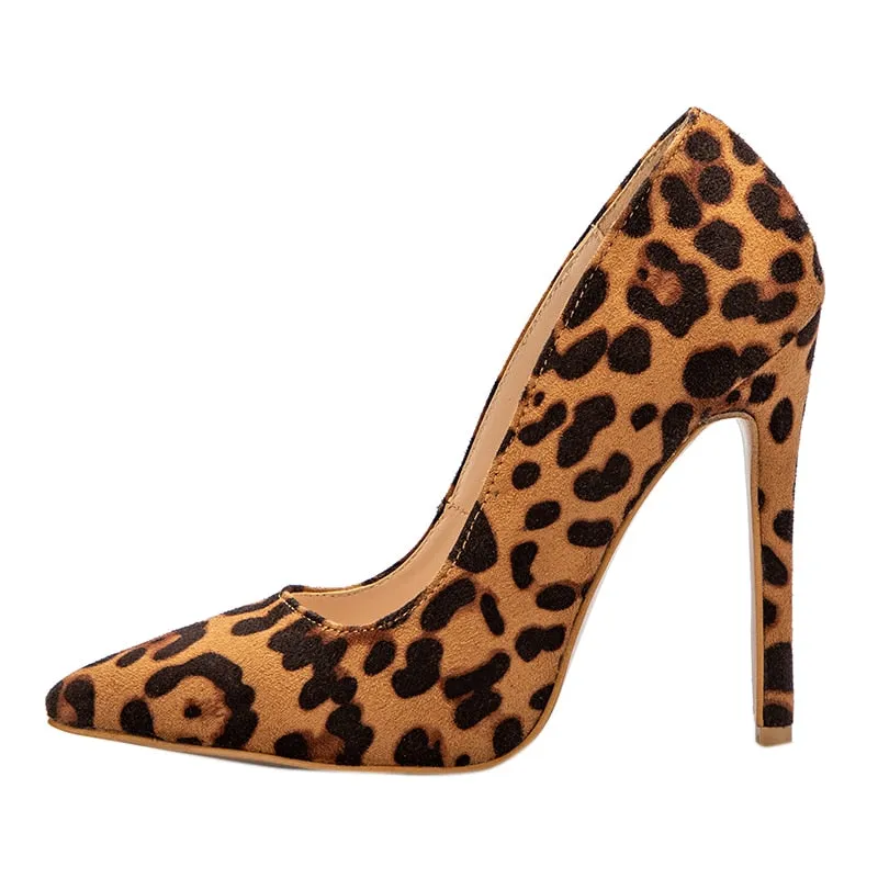 High Heels Leopard Shoes Women Pumps Office Lady Pointed Toe Flock Sexy 12 Cm Wedding Sapato Feminino