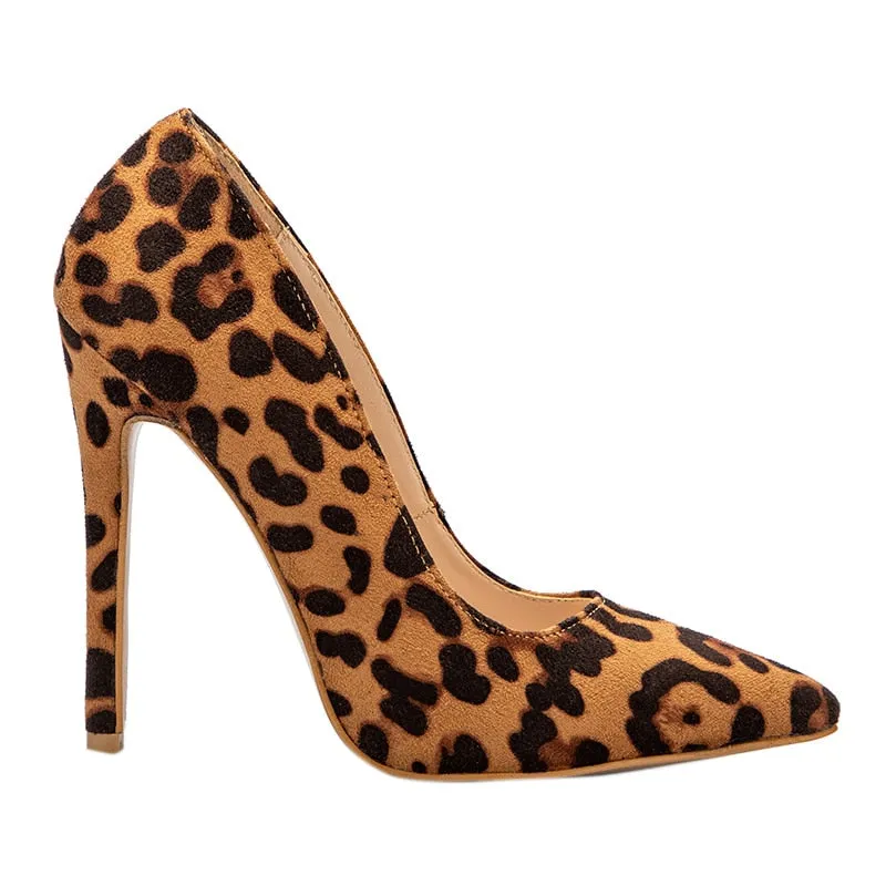 High Heels Leopard Shoes Women Pumps Office Lady Pointed Toe Flock Sexy 12 Cm Wedding Sapato Feminino