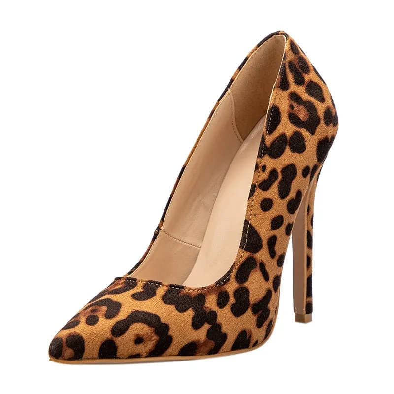 High Heels Leopard Shoes Women Pumps Office Lady Pointed Toe Flock Sexy 12 Cm Wedding Sapato Feminino