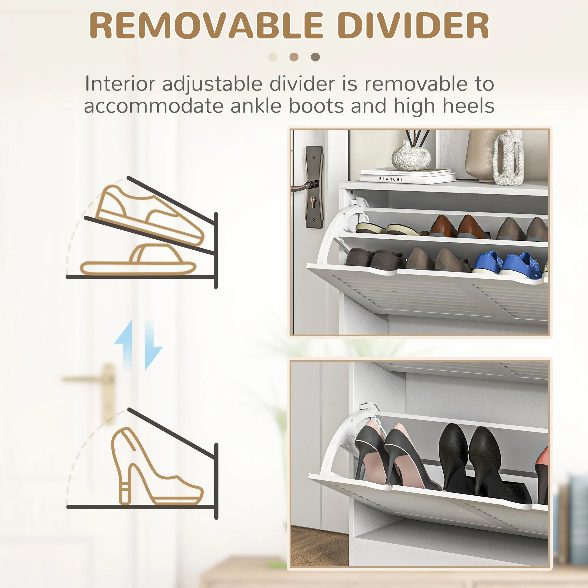 HOMCOM 2 Drawers Entryway Shoe Cabinet, Narrow Shoe Storage Cabinet with 2 Flip Drawers, Louvred Door Design and Adjustable Shelves for 16 Pairs of Shoes, White