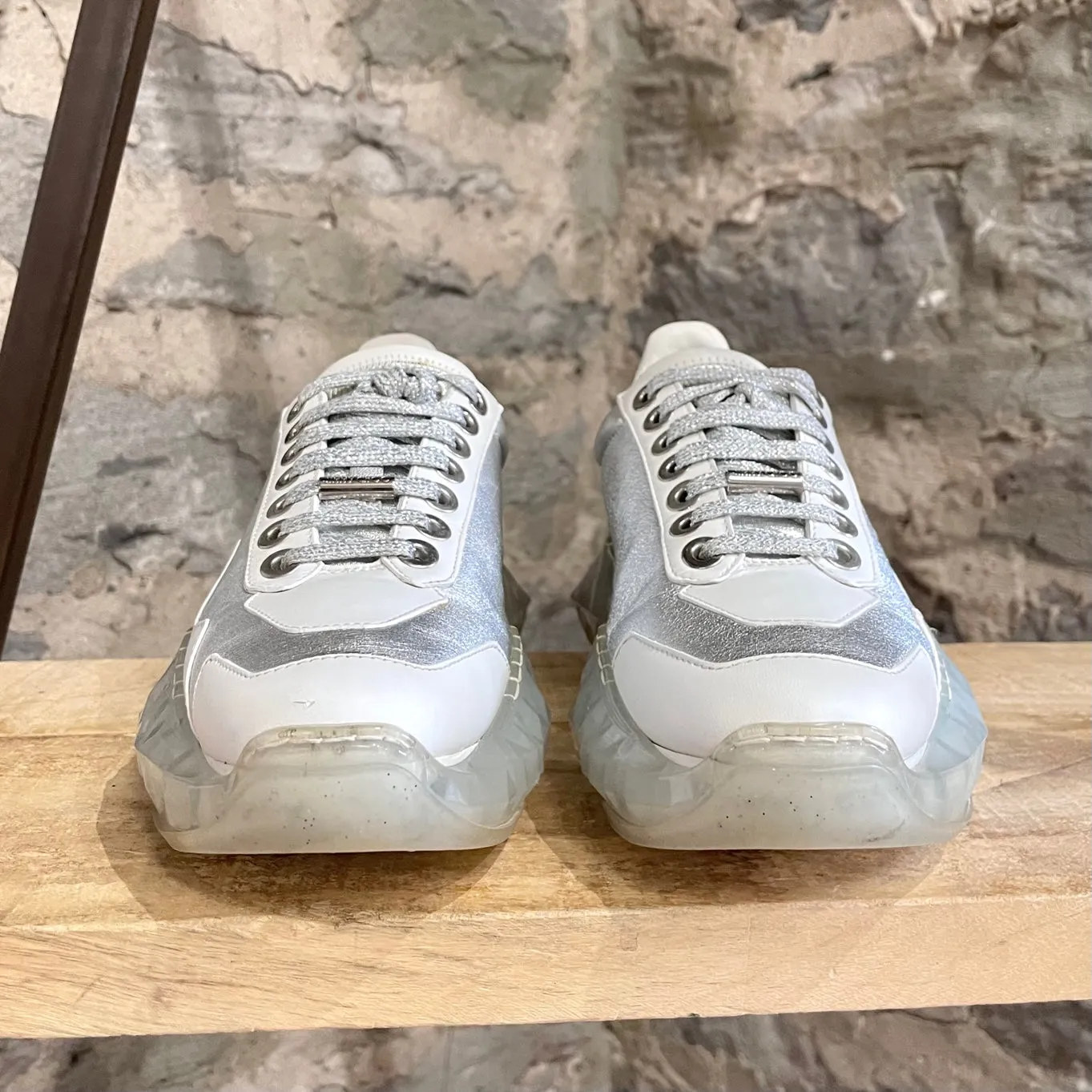 Jimmy Choo Silver Metallic White Diamond Oversized Sneakers