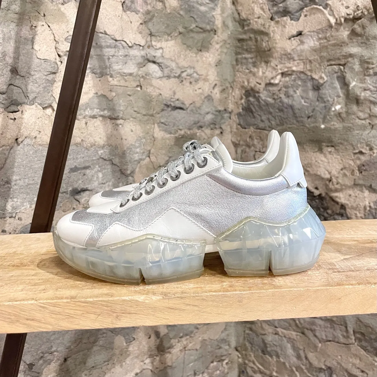 Jimmy Choo Silver Metallic White Diamond Oversized Sneakers