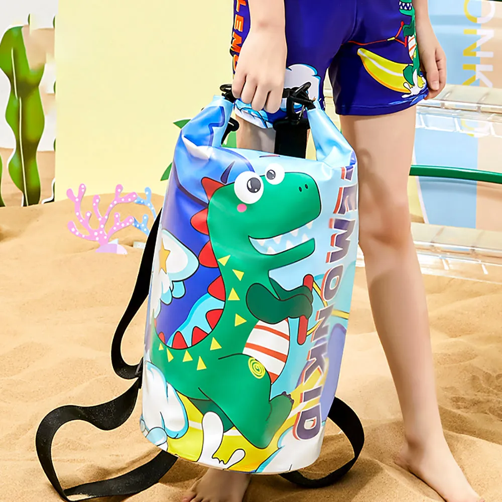 Little Surprise Box, Blue Dino Big Size Clip on & Backpack style Waterproof Swimming Bag/ Beach Bag