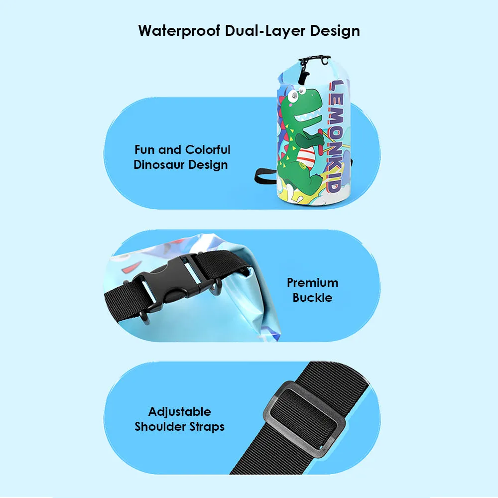 Little Surprise Box, Blue Dino Big Size Clip on & Backpack style Waterproof Swimming Bag/ Beach Bag