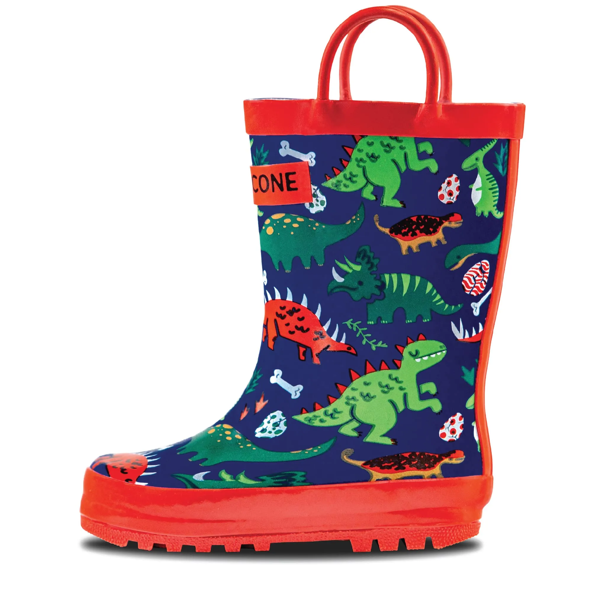 Lone Cone Rain Boots with Easy-On Handles in Fun Patterns for Toddlers and Kids, Puddle-a-Saurus Dinosaur, 7 Toddler