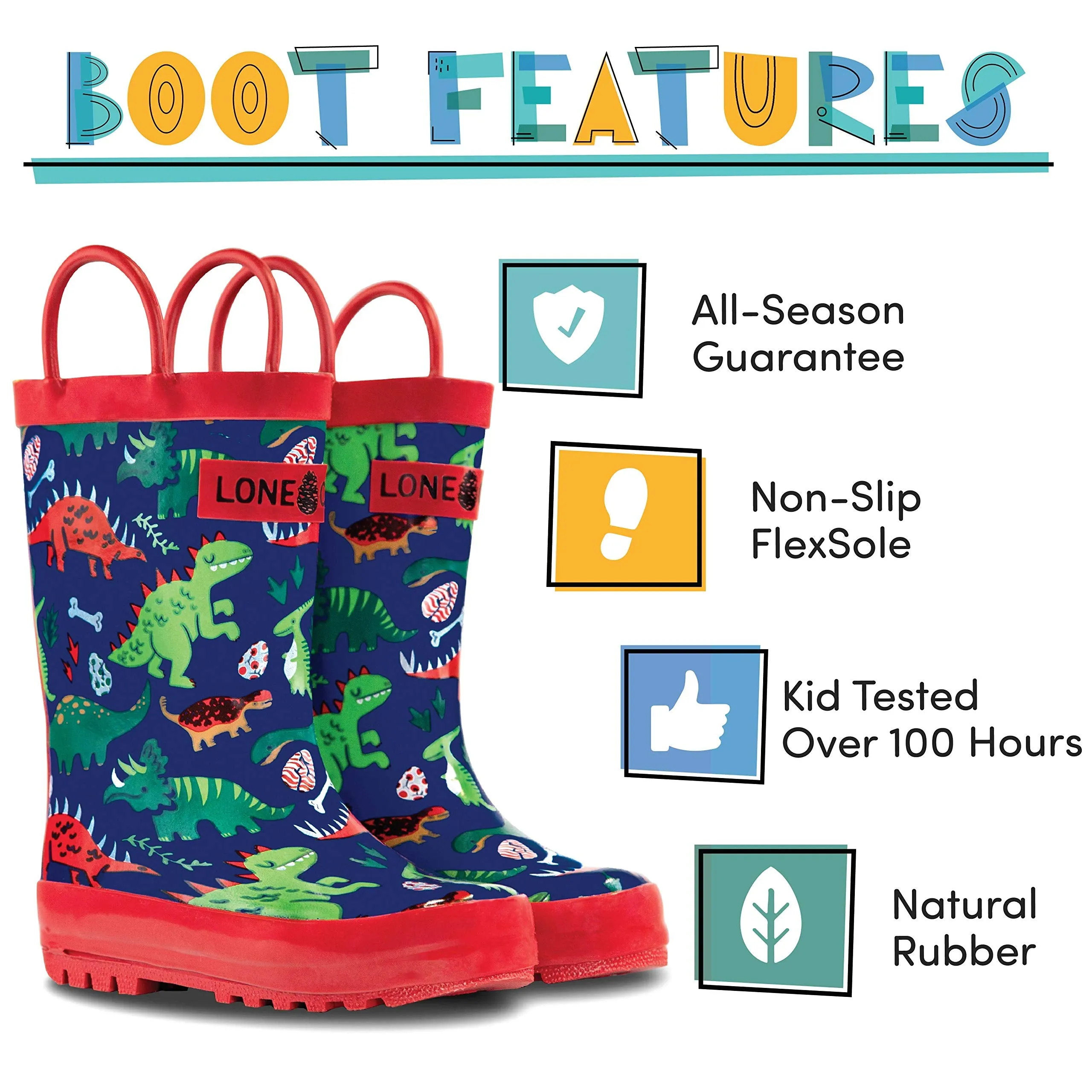 Lone Cone Rain Boots with Easy-On Handles in Fun Patterns for Toddlers and Kids, Puddle-a-Saurus Dinosaur, 7 Toddler