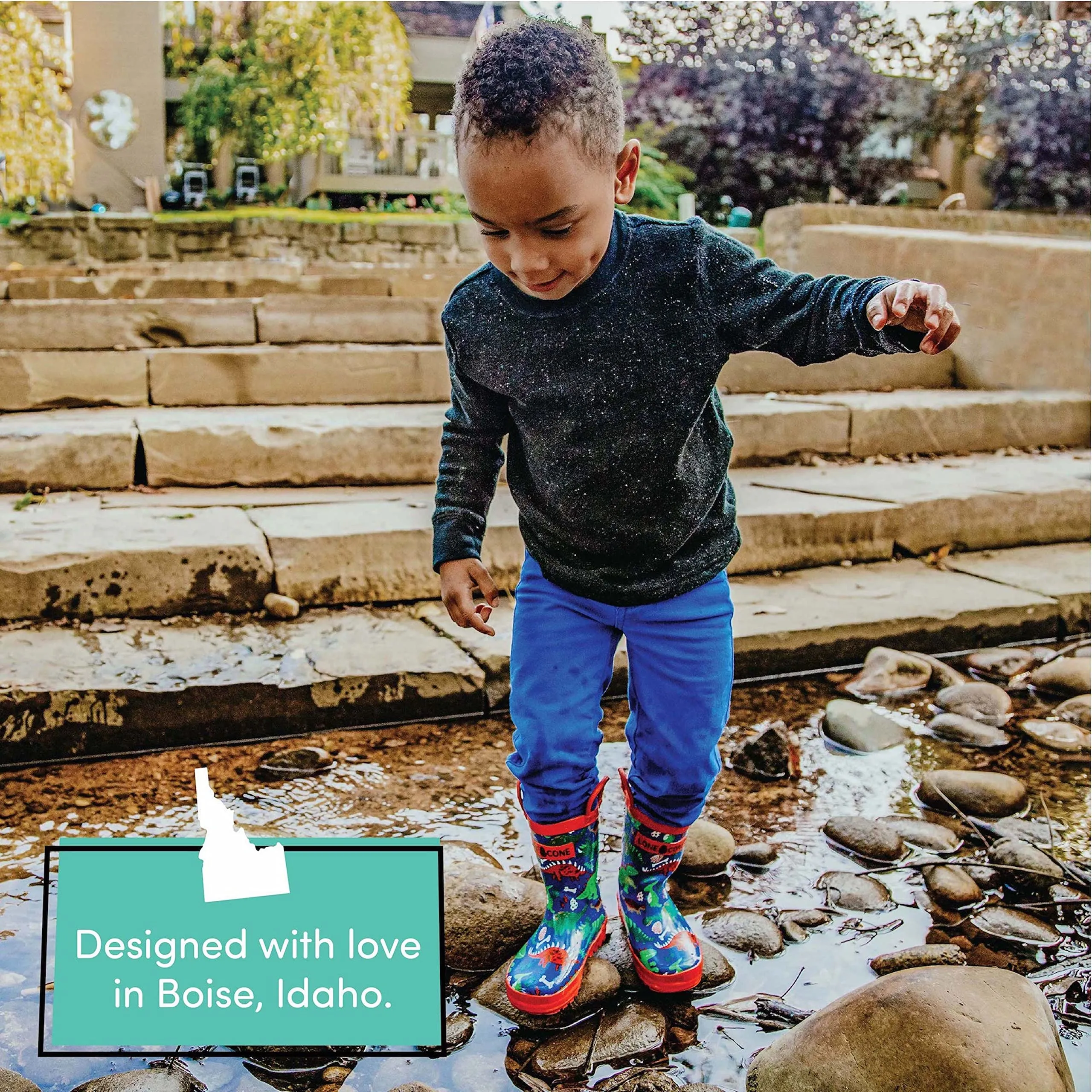 Lone Cone Rain Boots with Easy-On Handles in Fun Patterns for Toddlers and Kids, Puddle-a-Saurus Dinosaur, 7 Toddler