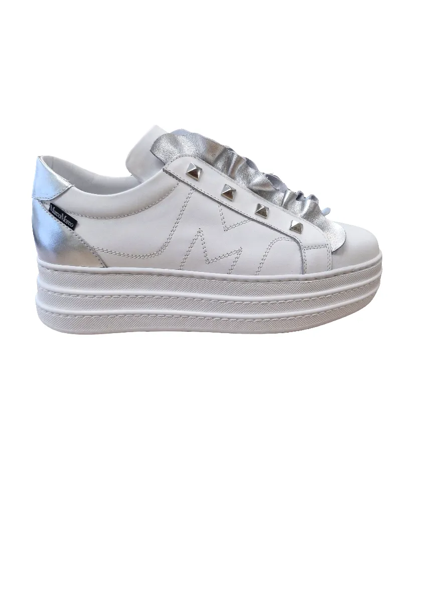 Marco Moreo white chunky slip on platform sneaker with silver stud & frill detail