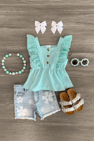 Mint Swiss Dot Denim Short Set