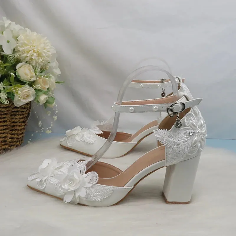 Pearl Floral Wedding Bridal Pointed Heel Party Shoes