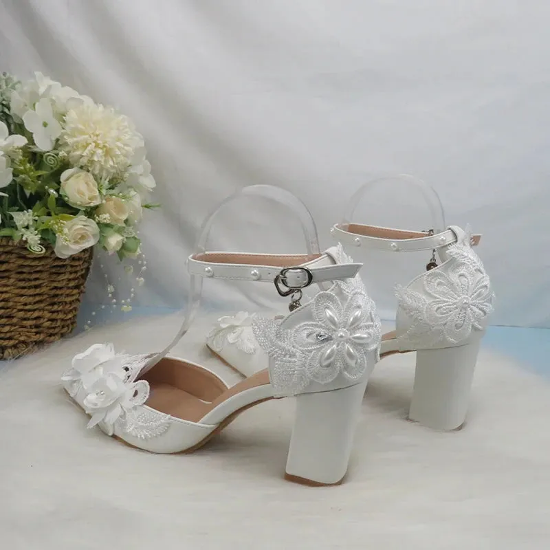 Pearl Floral Wedding Bridal Pointed Heel Party Shoes