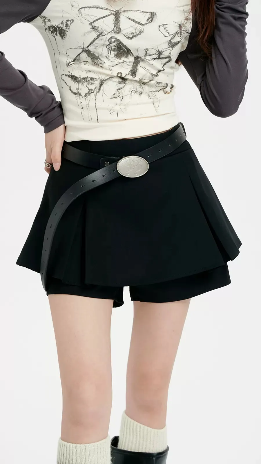 Pleated Mini Skirt with Oversized Belt Detail
