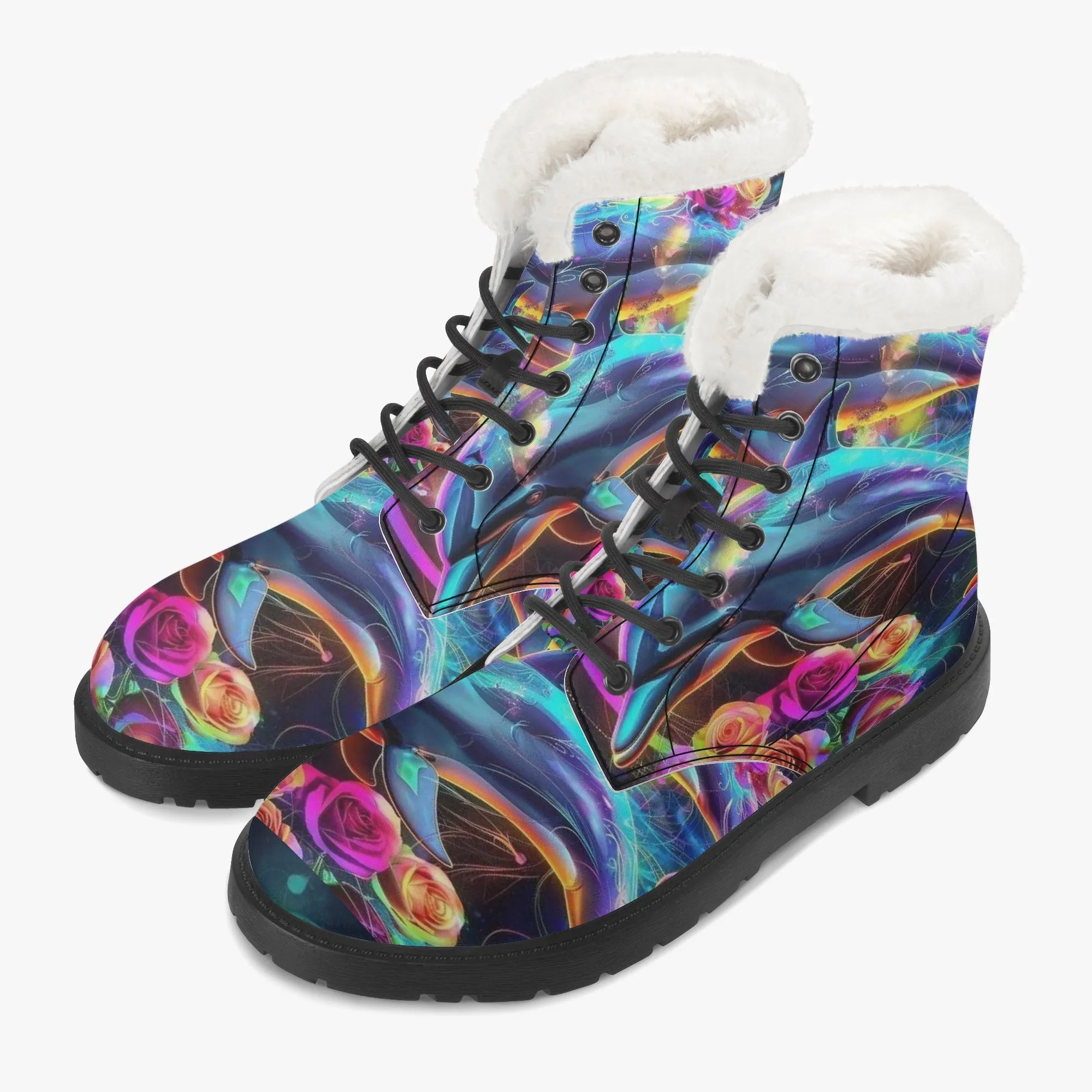 Rose Coloured Dolphins Faux Fur Leather Boots