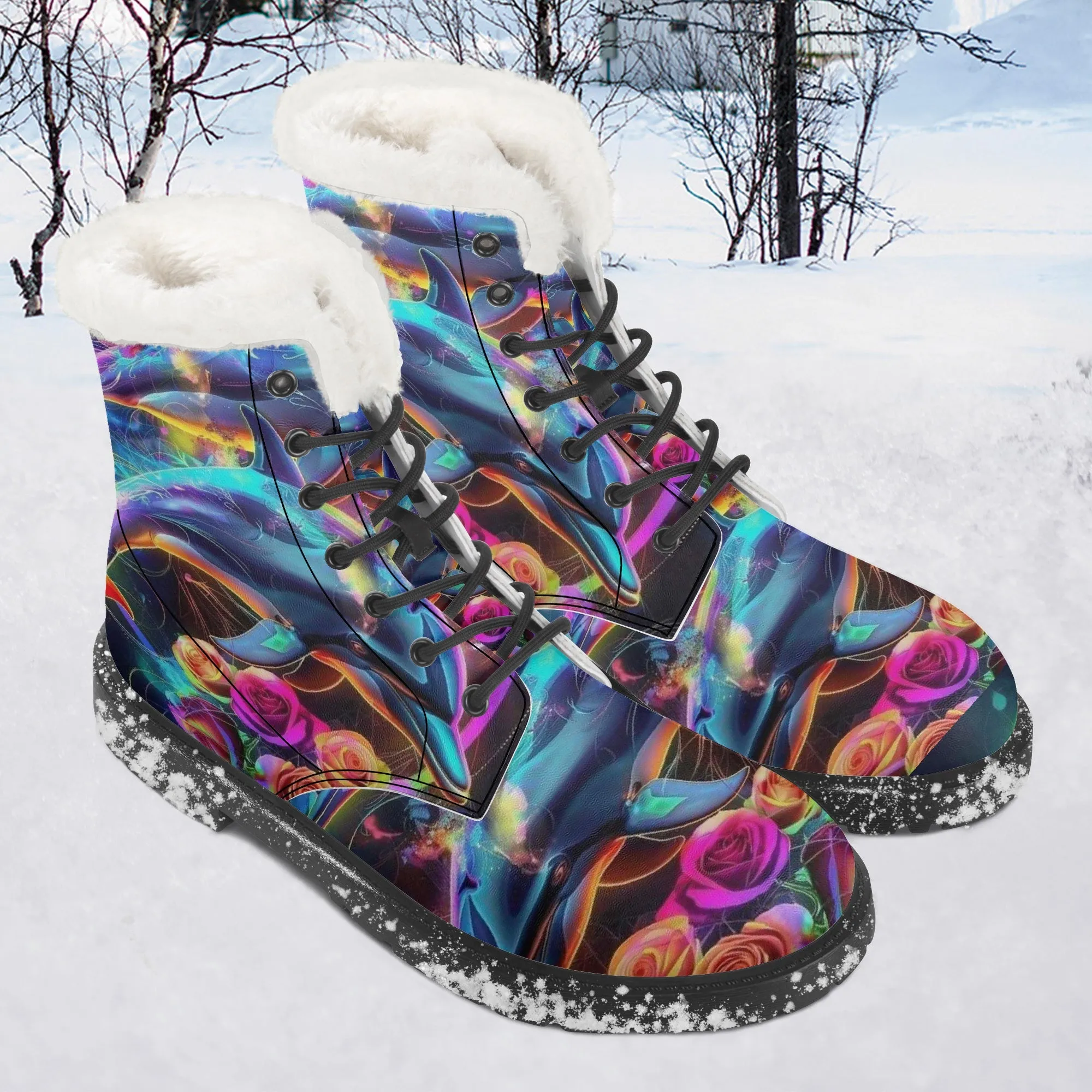 Rose Coloured Dolphins Faux Fur Leather Boots