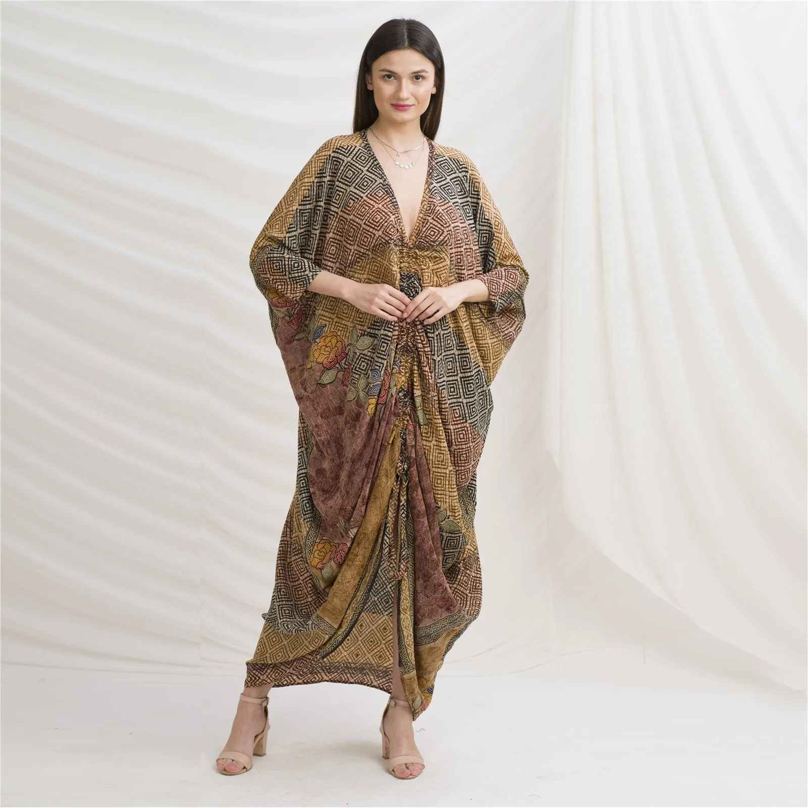 Sanskriti Vintage High Low Kaftan, Pure Crepe Silk Upcycled Sari, Free Size