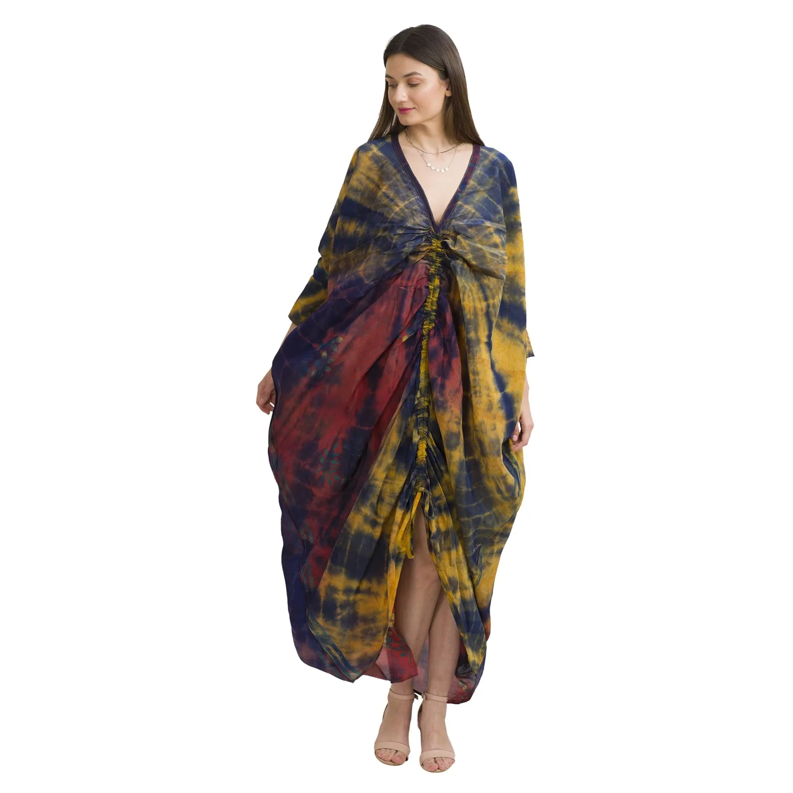 Sanskriti Vintage High Low Kaftan, Pure Crepe Silk Upcycled Sari, Free Size