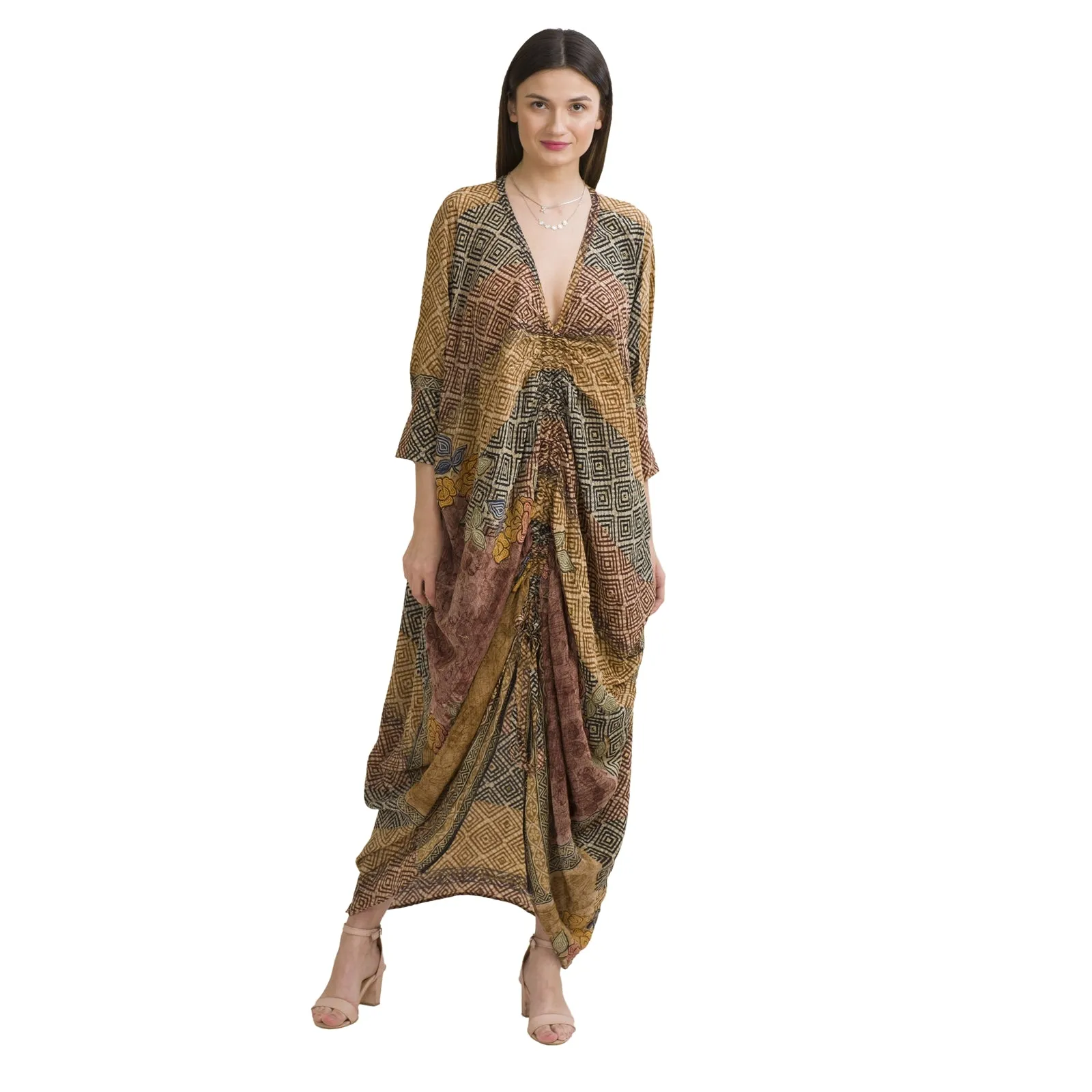 Sanskriti Vintage High Low Kaftan, Pure Crepe Silk Upcycled Sari, Free Size