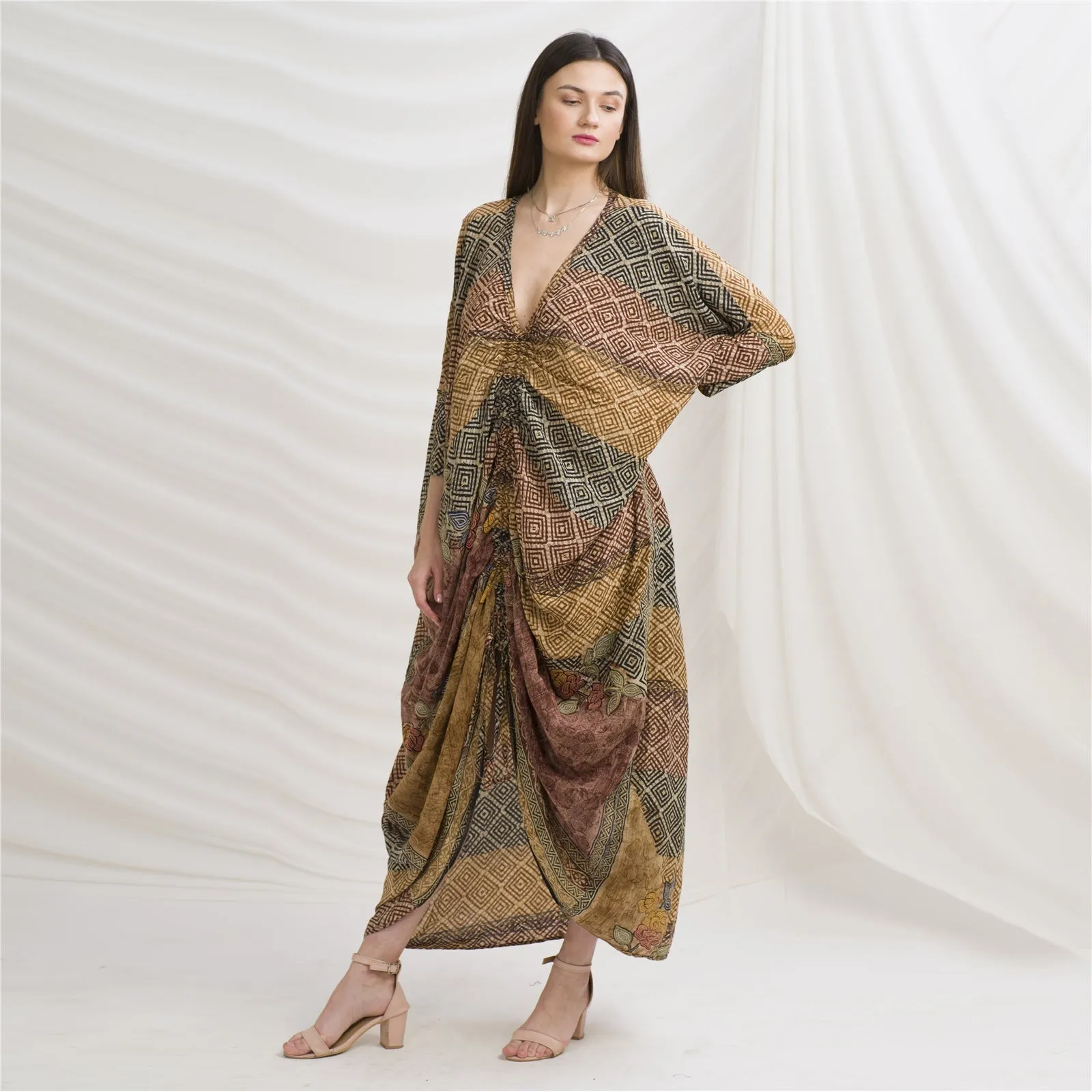 Sanskriti Vintage High Low Kaftan, Pure Crepe Silk Upcycled Sari, Free Size