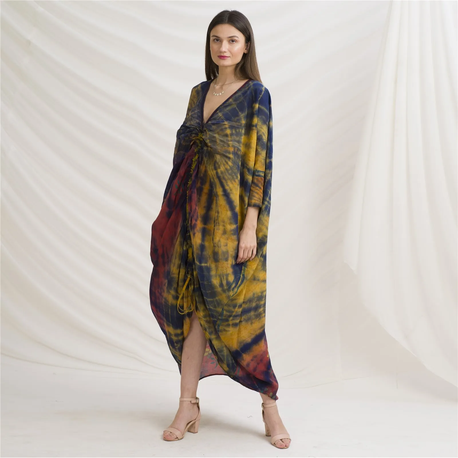 Sanskriti Vintage High Low Kaftan, Pure Crepe Silk Upcycled Sari, Free Size