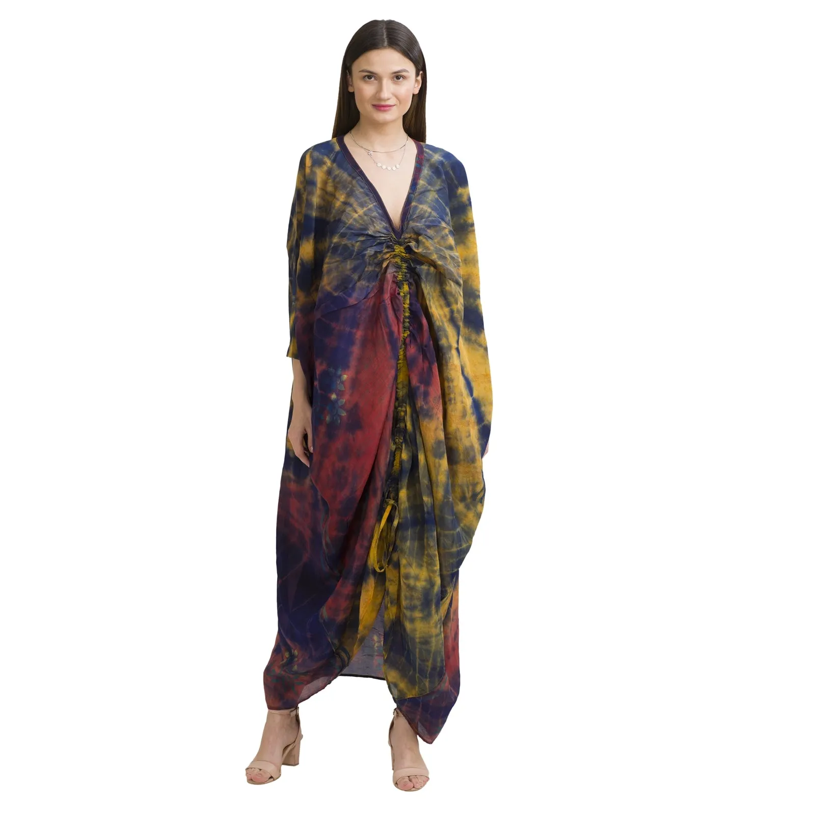 Sanskriti Vintage High Low Kaftan, Pure Crepe Silk Upcycled Sari, Free Size