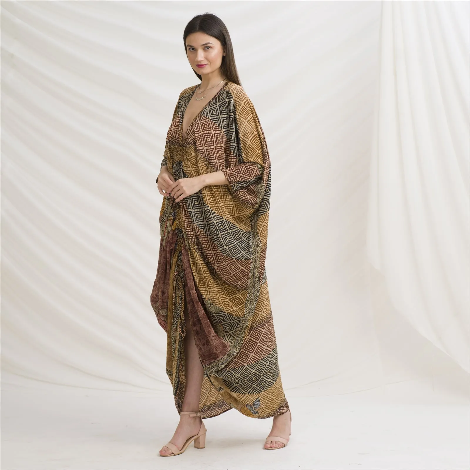 Sanskriti Vintage High Low Kaftan, Pure Crepe Silk Upcycled Sari, Free Size