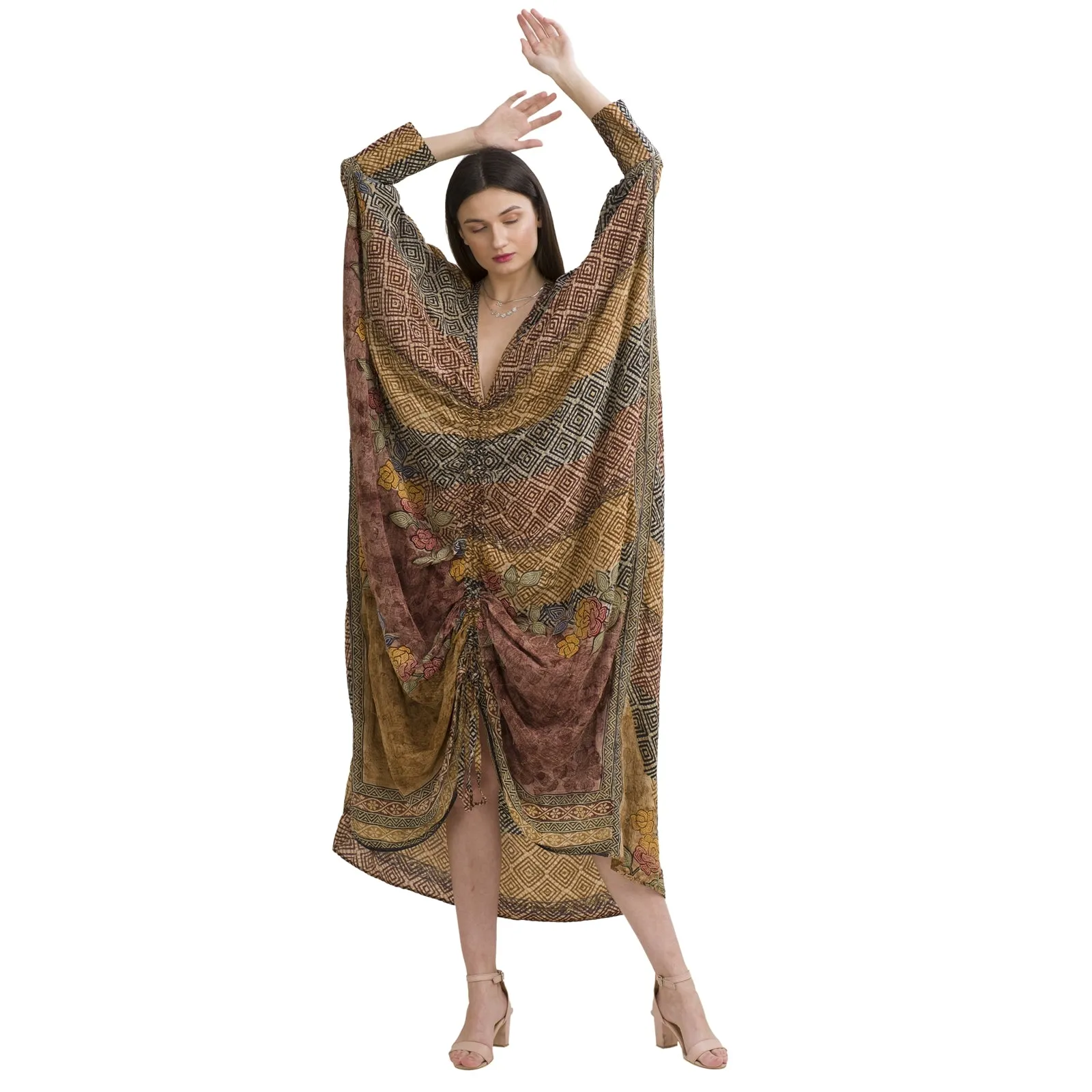 Sanskriti Vintage High Low Kaftan, Pure Crepe Silk Upcycled Sari, Free Size