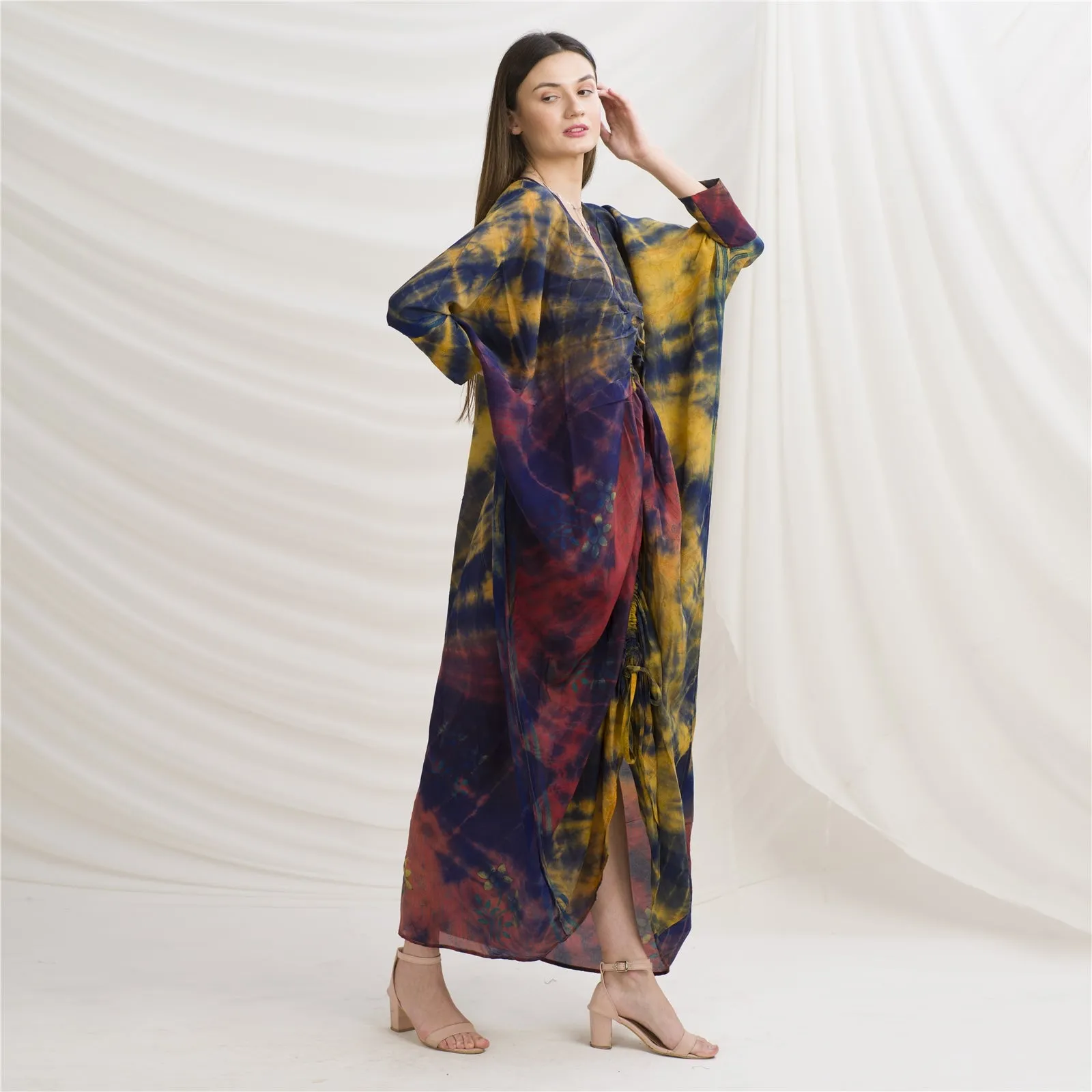 Sanskriti Vintage High Low Kaftan, Pure Crepe Silk Upcycled Sari, Free Size
