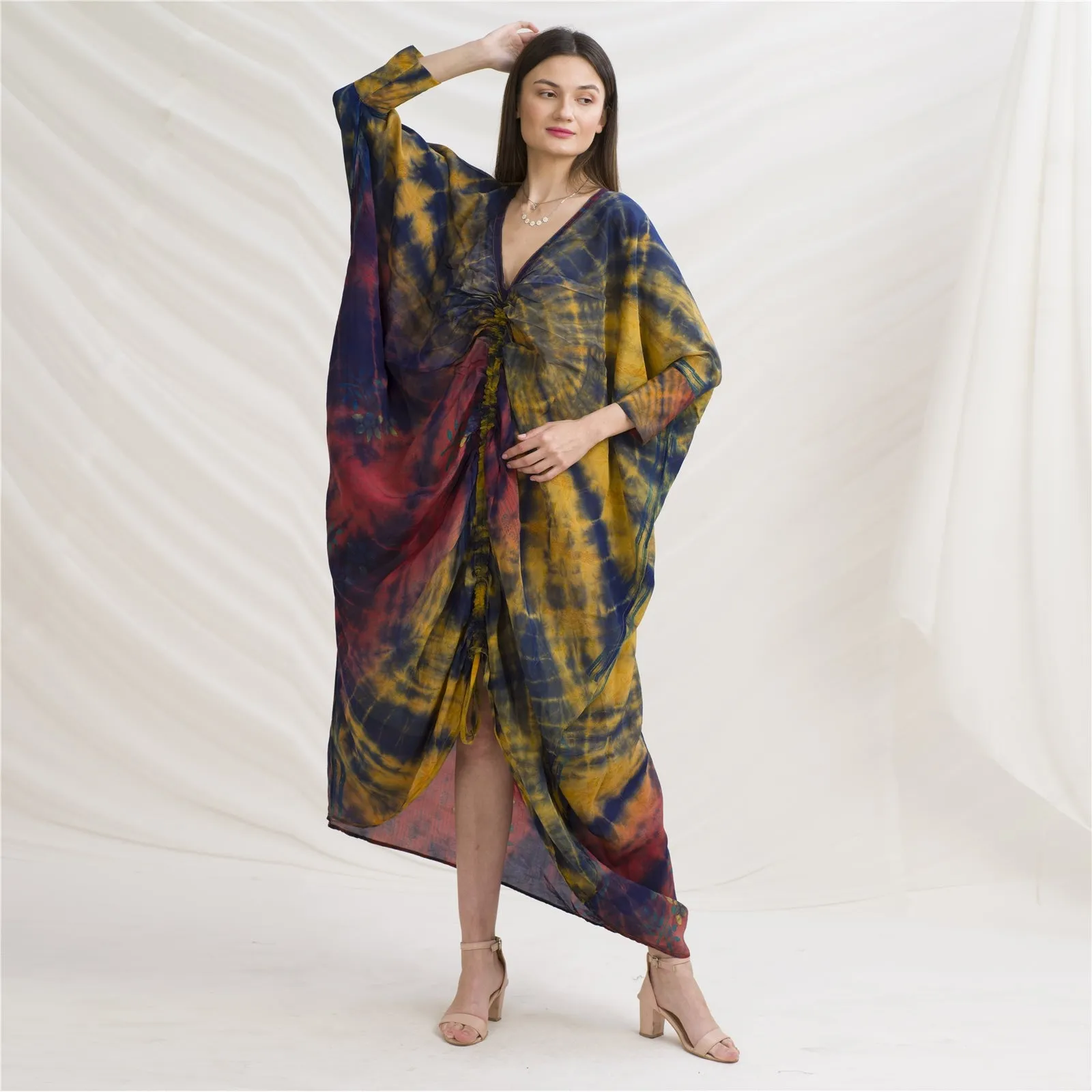 Sanskriti Vintage High Low Kaftan, Pure Crepe Silk Upcycled Sari, Free Size