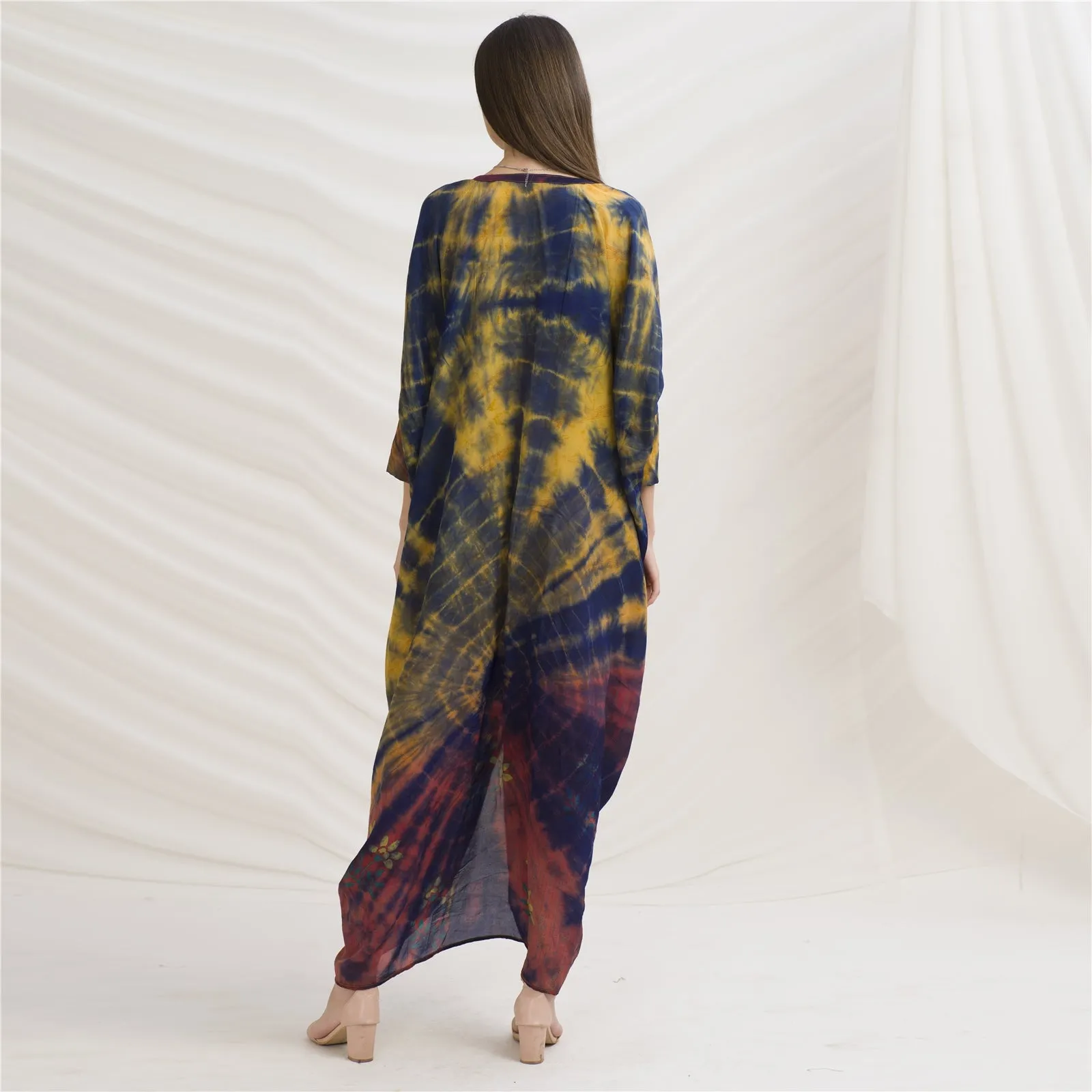 Sanskriti Vintage High Low Kaftan, Pure Crepe Silk Upcycled Sari, Free Size