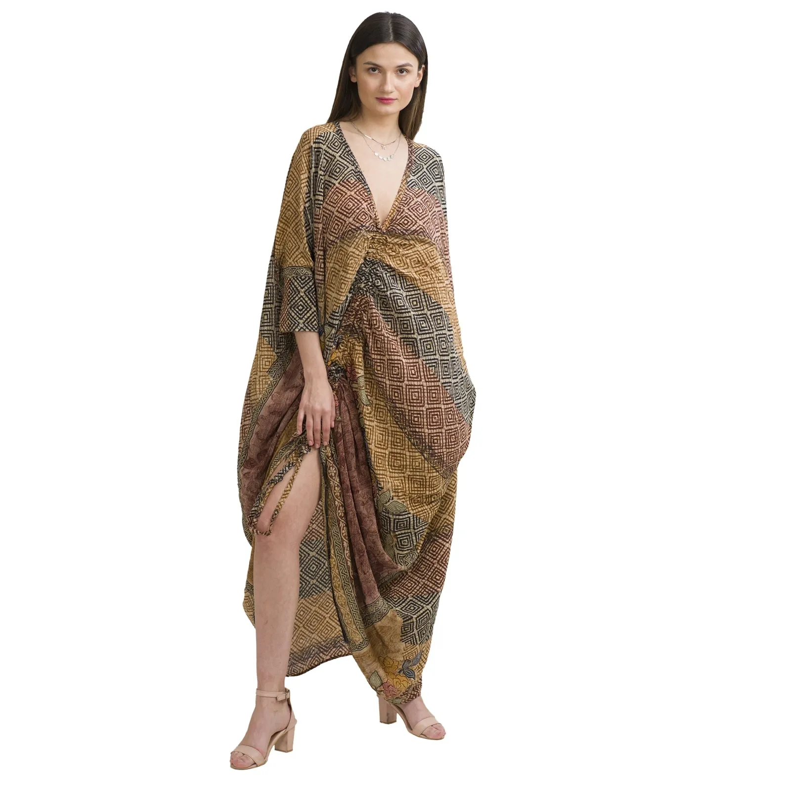 Sanskriti Vintage High Low Kaftan, Pure Crepe Silk Upcycled Sari, Free Size