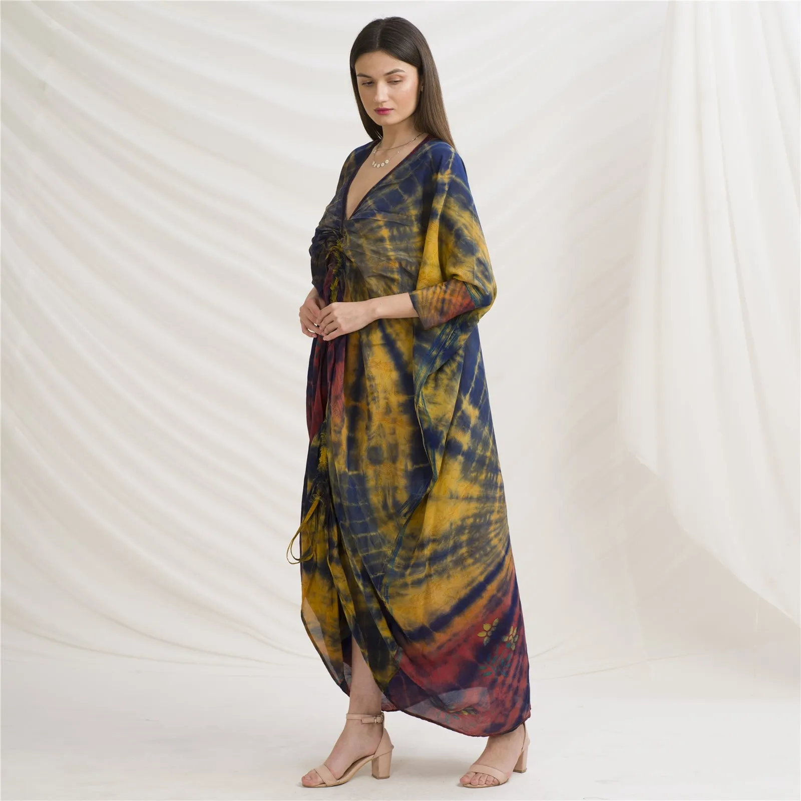 Sanskriti Vintage High Low Kaftan, Pure Crepe Silk Upcycled Sari, Free Size