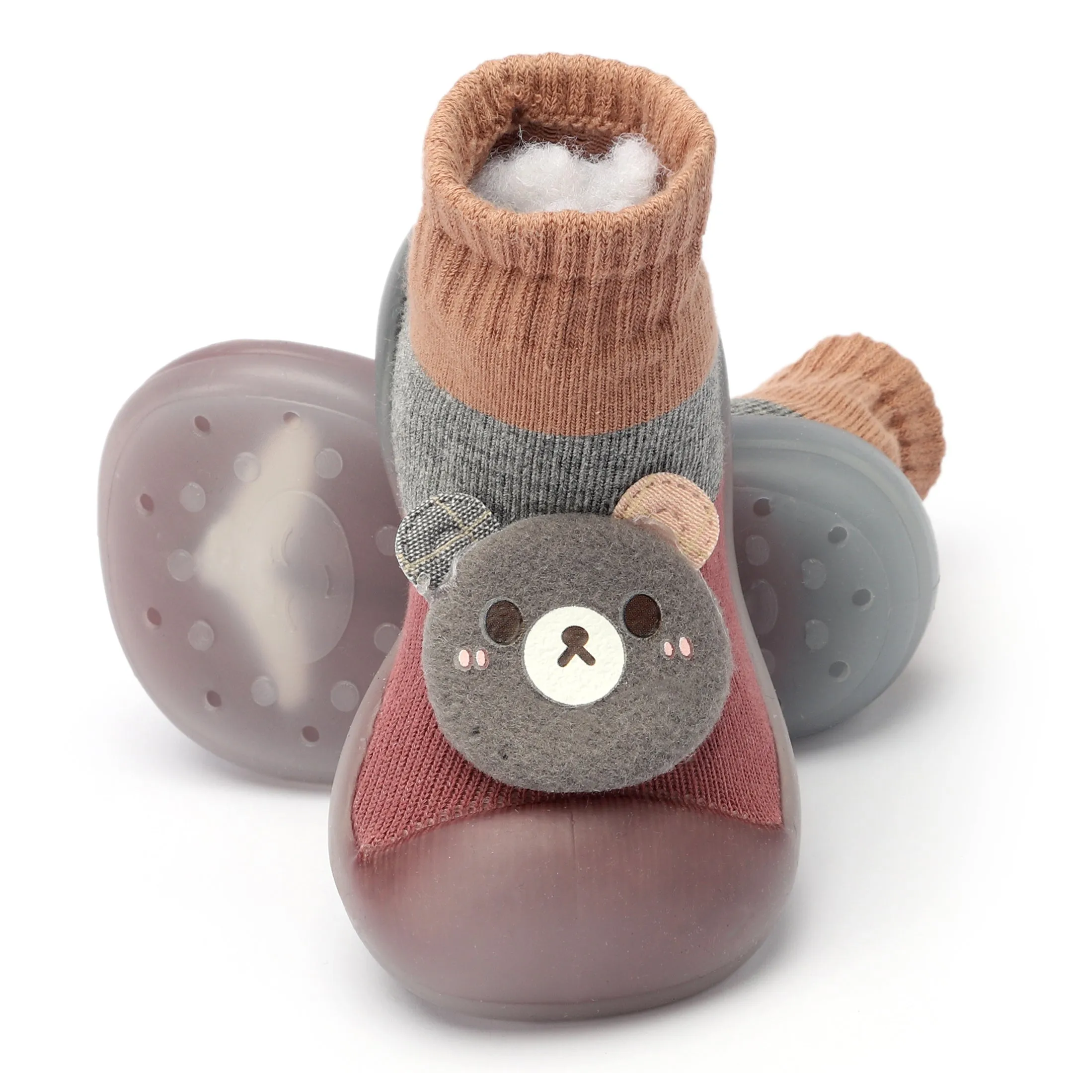 Skidders Baby Grip Shoes Bear Dark Maroon & Grey(3-6 Months)