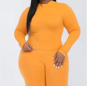 Slim Thick Plus Size Tomato Cream Mock Neck Long Sleeve Cropped Top & Biker Shorts Set