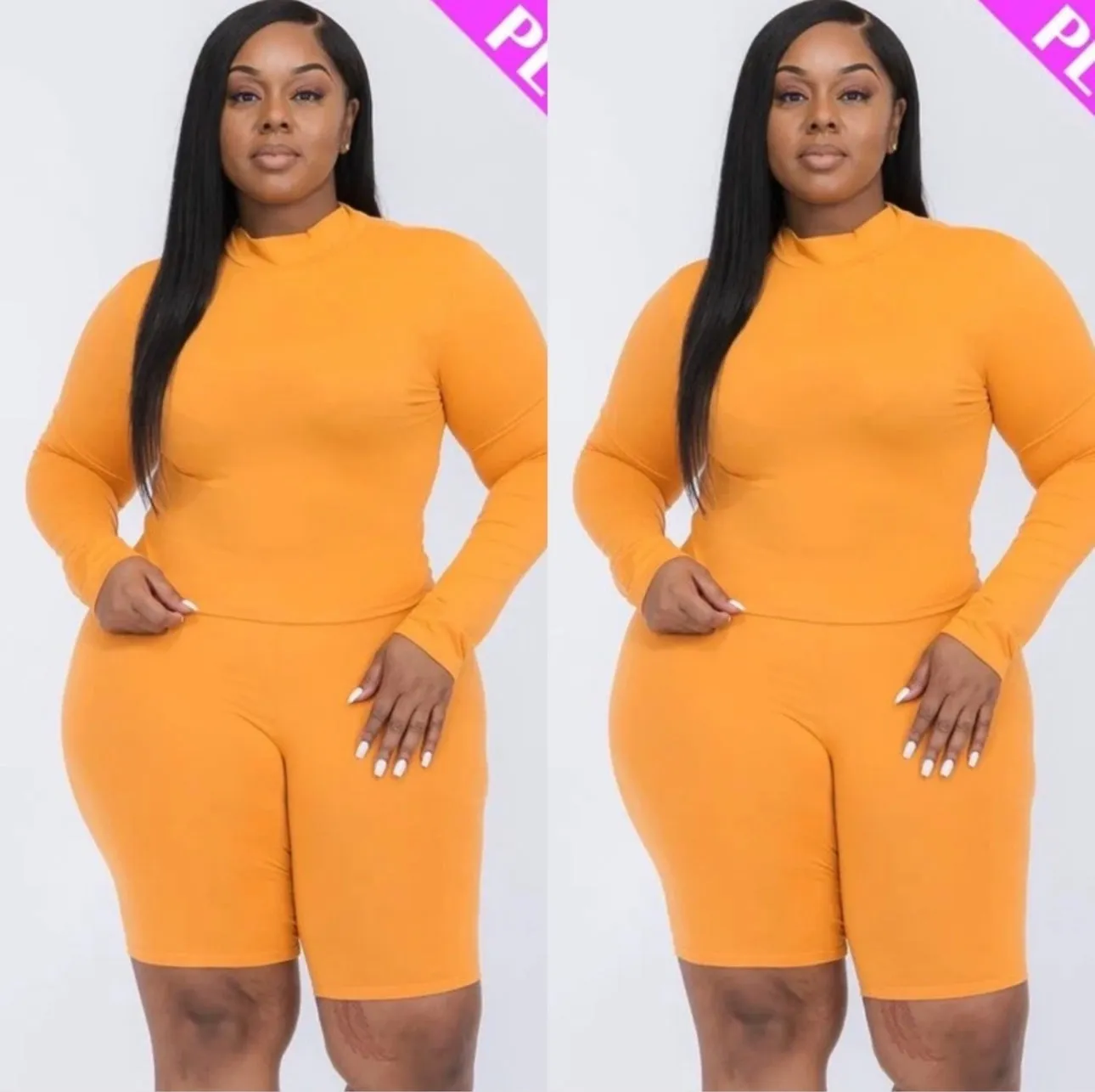 Slim Thick Plus Size Tomato Cream Mock Neck Long Sleeve Cropped Top & Biker Shorts Set