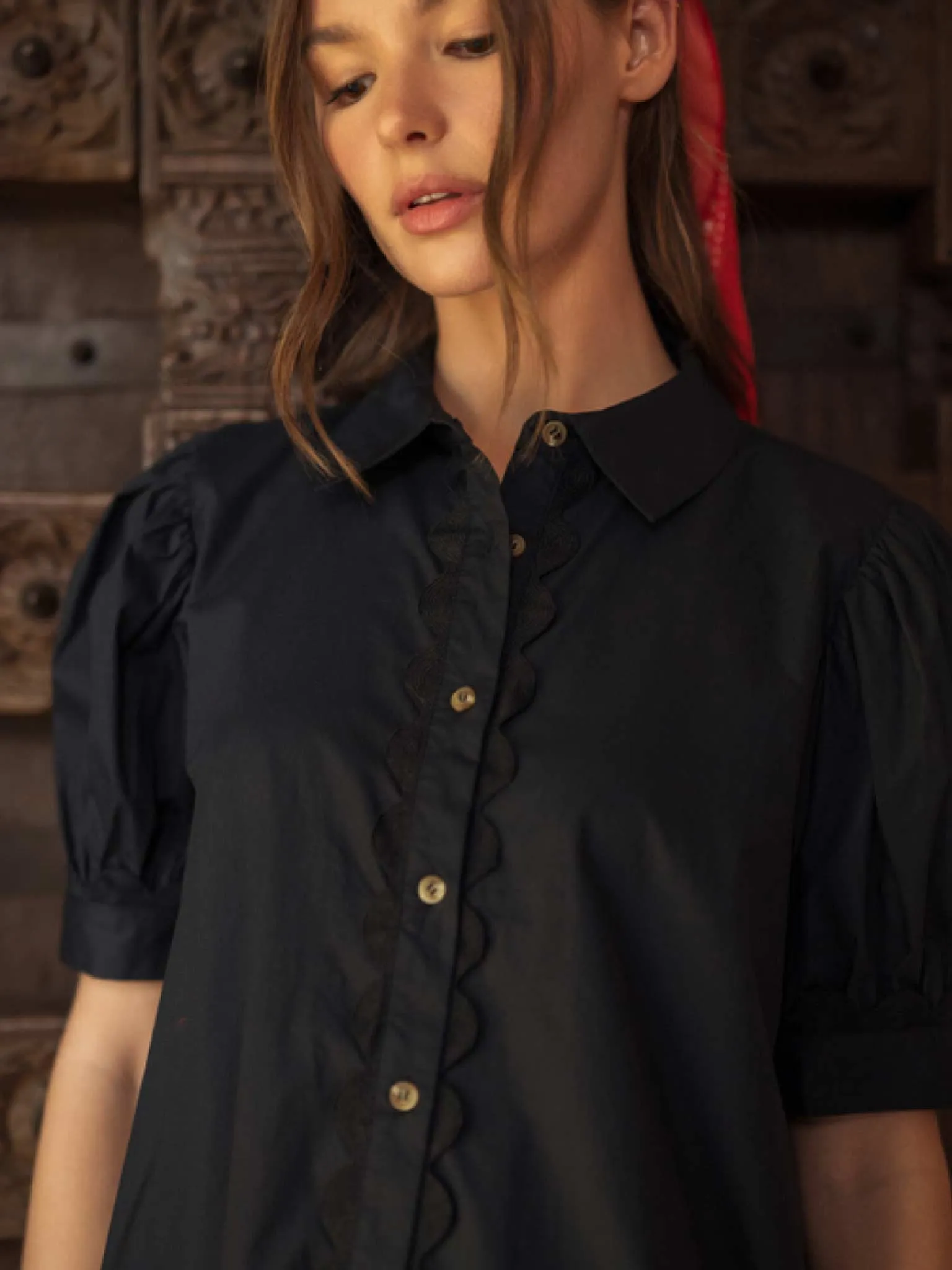 Solid Shirt Dress with Swirl Trim