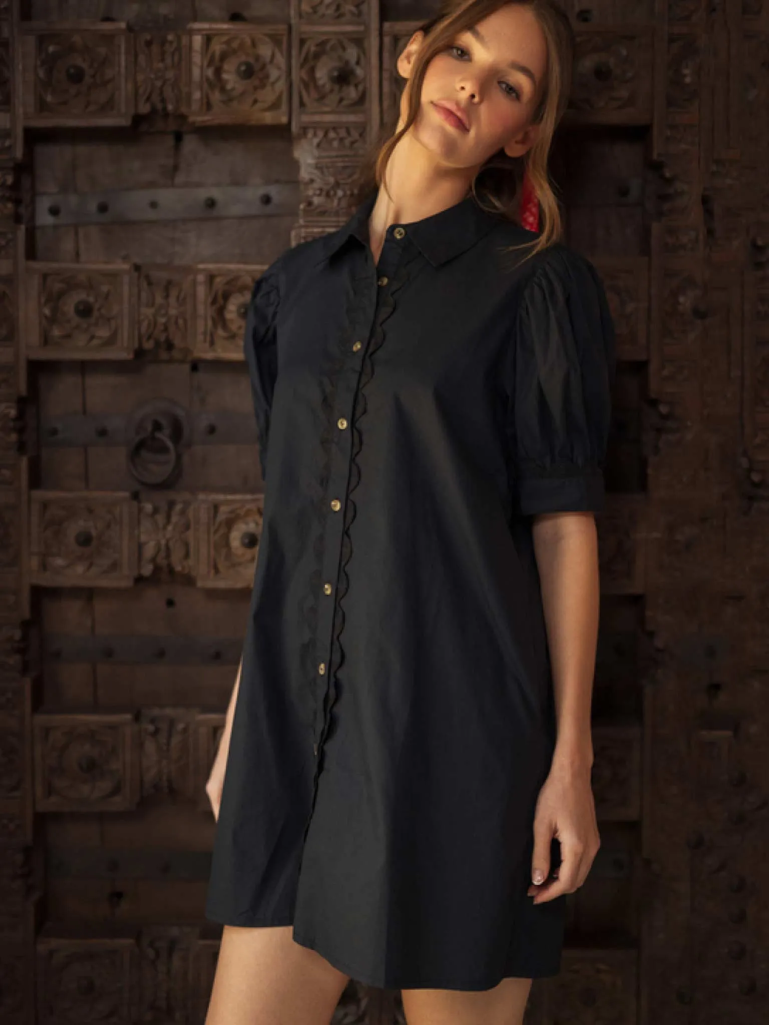 Solid Shirt Dress with Swirl Trim