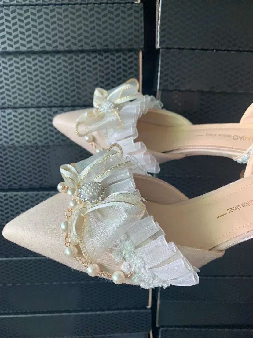 TAVIMART  -  One Night Story Original Lolita Shoes Slim Heels Chinese Style Lolita Pointed Sandals High Heels Handmade Flower Wedding Shoes