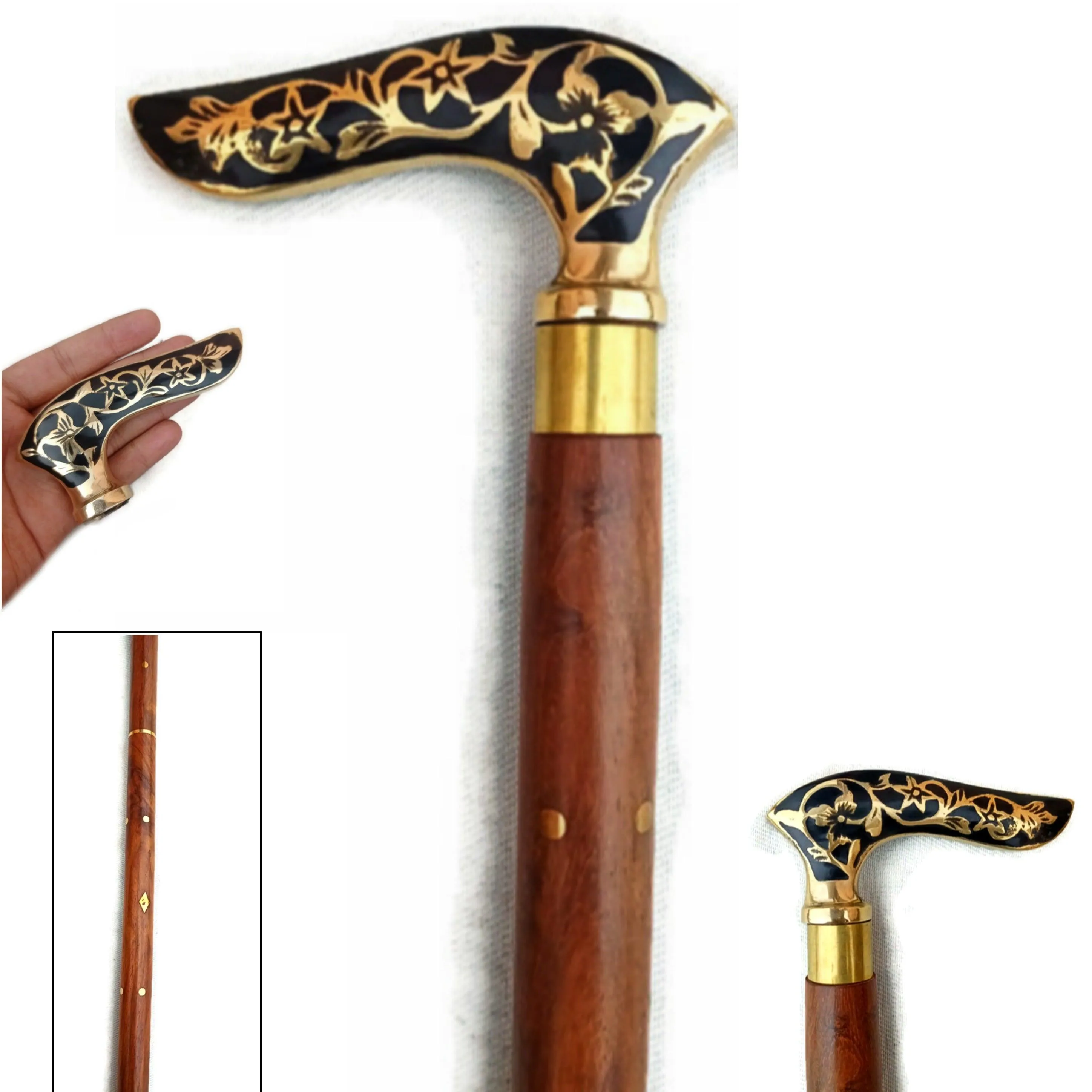 Walking Wooden Cane Antique Style Folding Walking Stick 36" Inches with Brass Handle for Men and Women