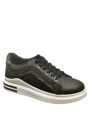 Womens Fashion Glitter Print Pattern Lace-Up Chunky Wedges Trainers Sneakers 2378 BLACK